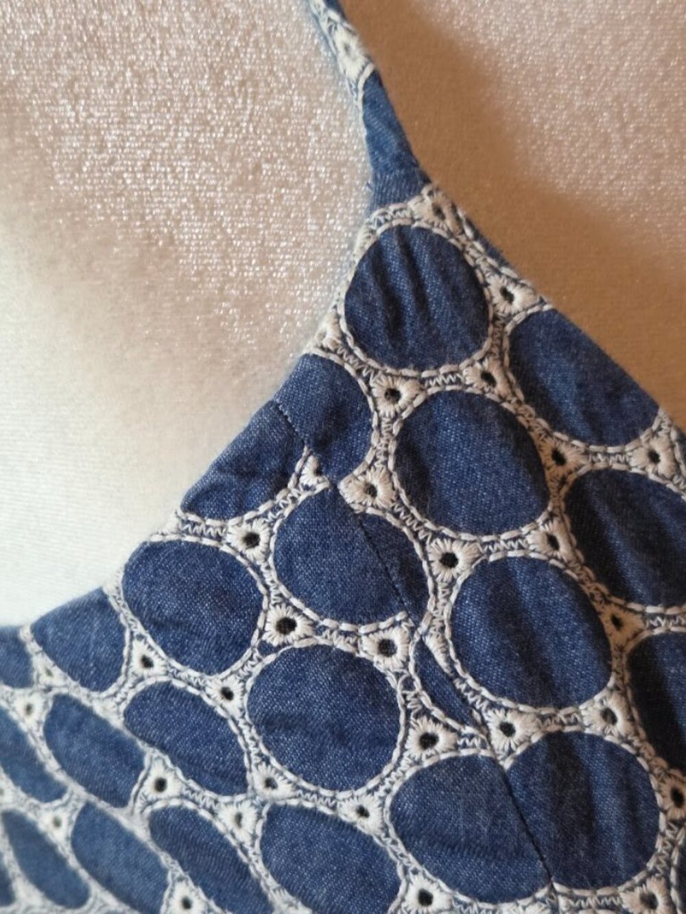Waverly Grey Blue Cotton Eyelet Asymmetrical Button Midi Dress - Size XS - Picture 5 of 8